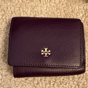 Tory Burch Dark Leather Wallet with Gold Logo
